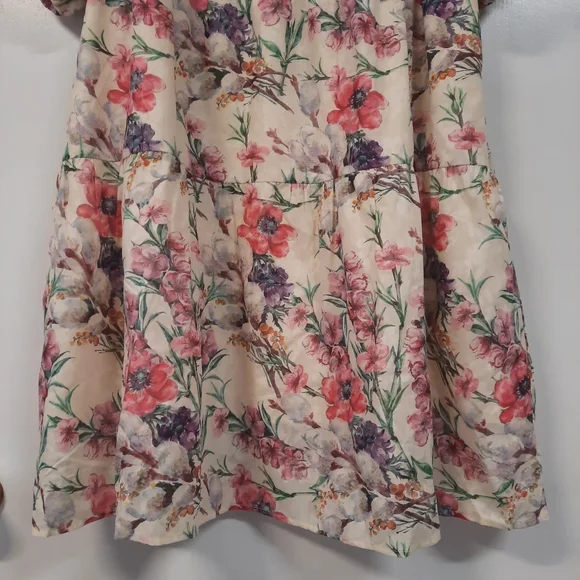Polagram Cream Floral Puff Sleeve Tiered Mini XL Sonia Dress Side Pockets NWT - Picture 6 of 16
